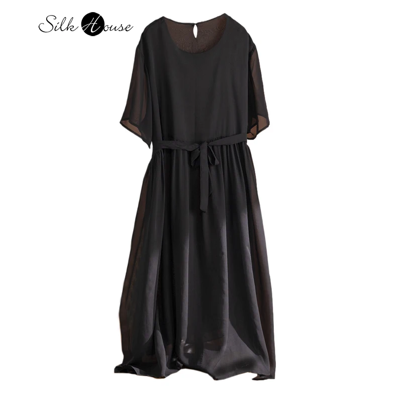 

Повседневное платье для полных женщин из 100% натурального шелка тутового шелкопряда, двухслойный жоржет, универсальное, с круглым вырезом и короткими рукавами