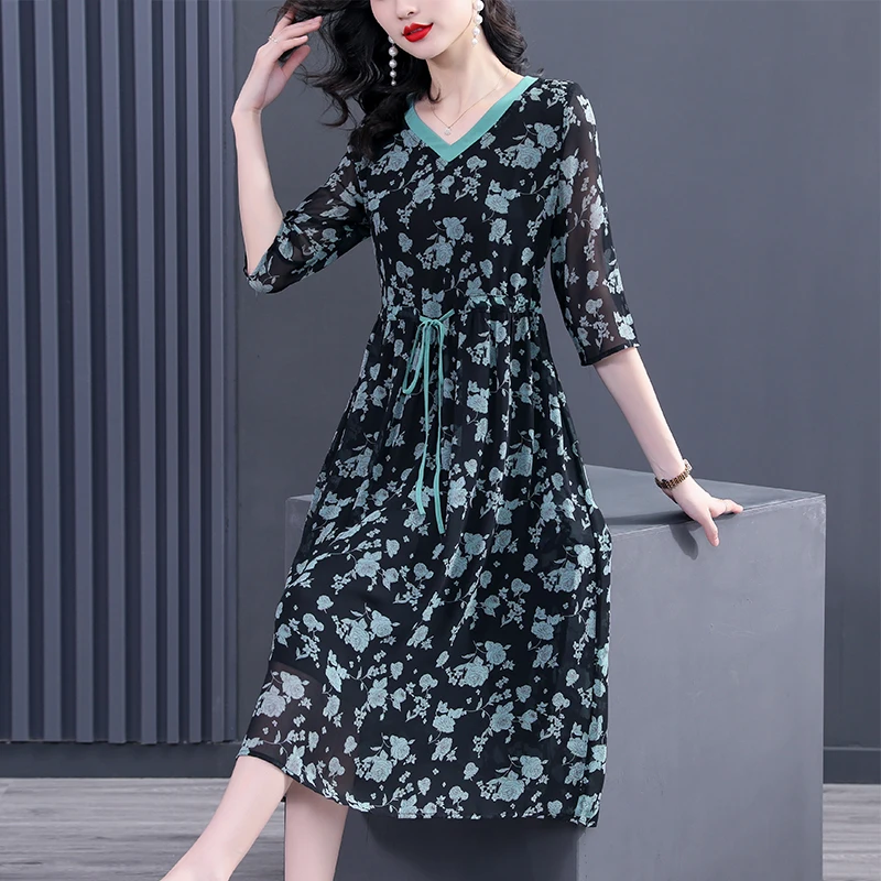 

Women Floral Chiffon Short Sleeve V-Neck Midi Dress Spring Summer Fashion Silm Prom Dress 2024 Korean Elegant Casual Night Dress