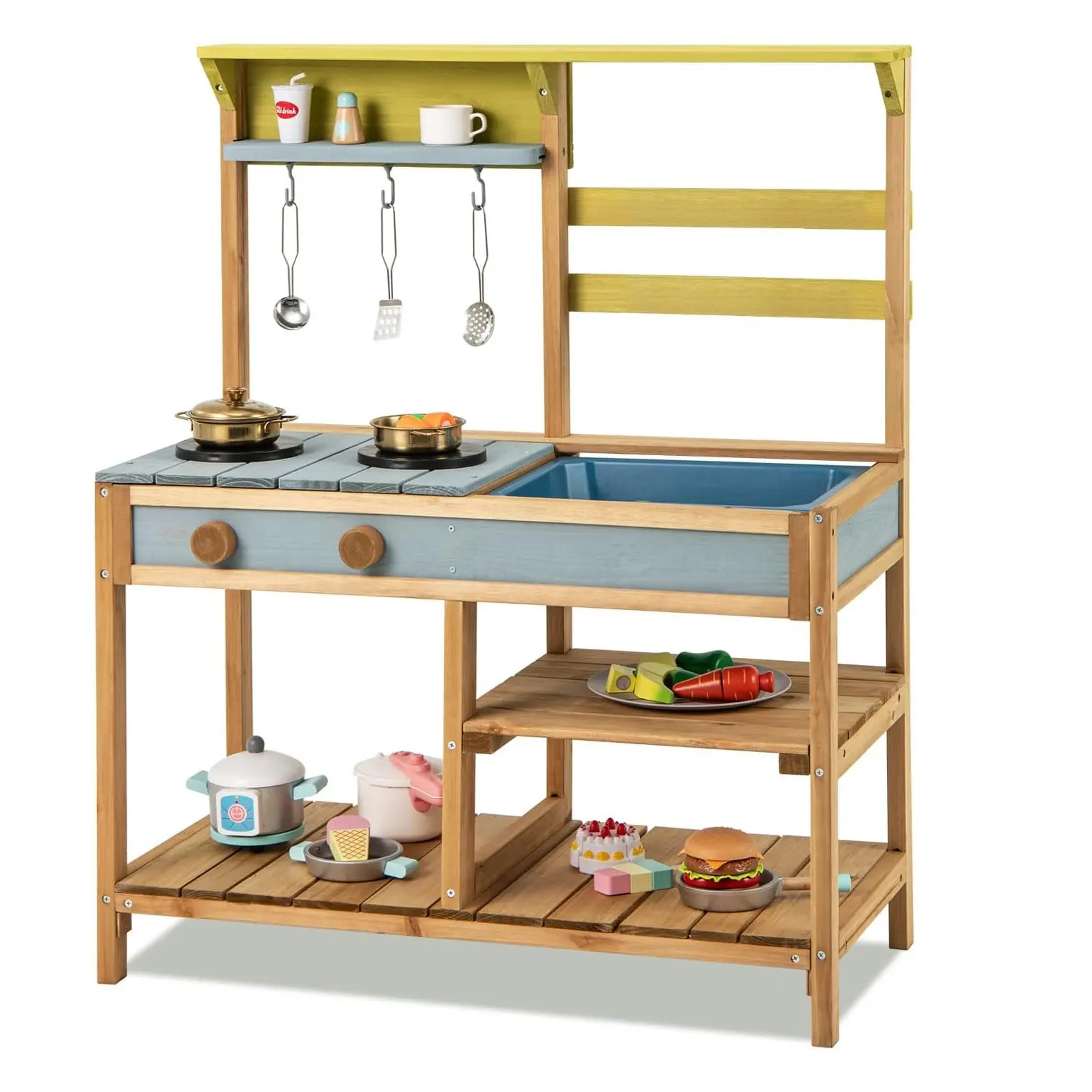 Cocina de barro al aire libre para niños, madera con fregadero, cocina de juegos con ganchos y estante extraíble, para niños a partir de 3 años