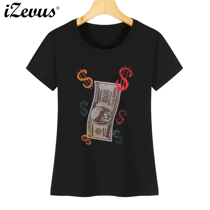 New Women's Summer Short Sleeve Casual T Shirt Creative US Dollar Diamond Figure High Quality T Shirt S-4XL