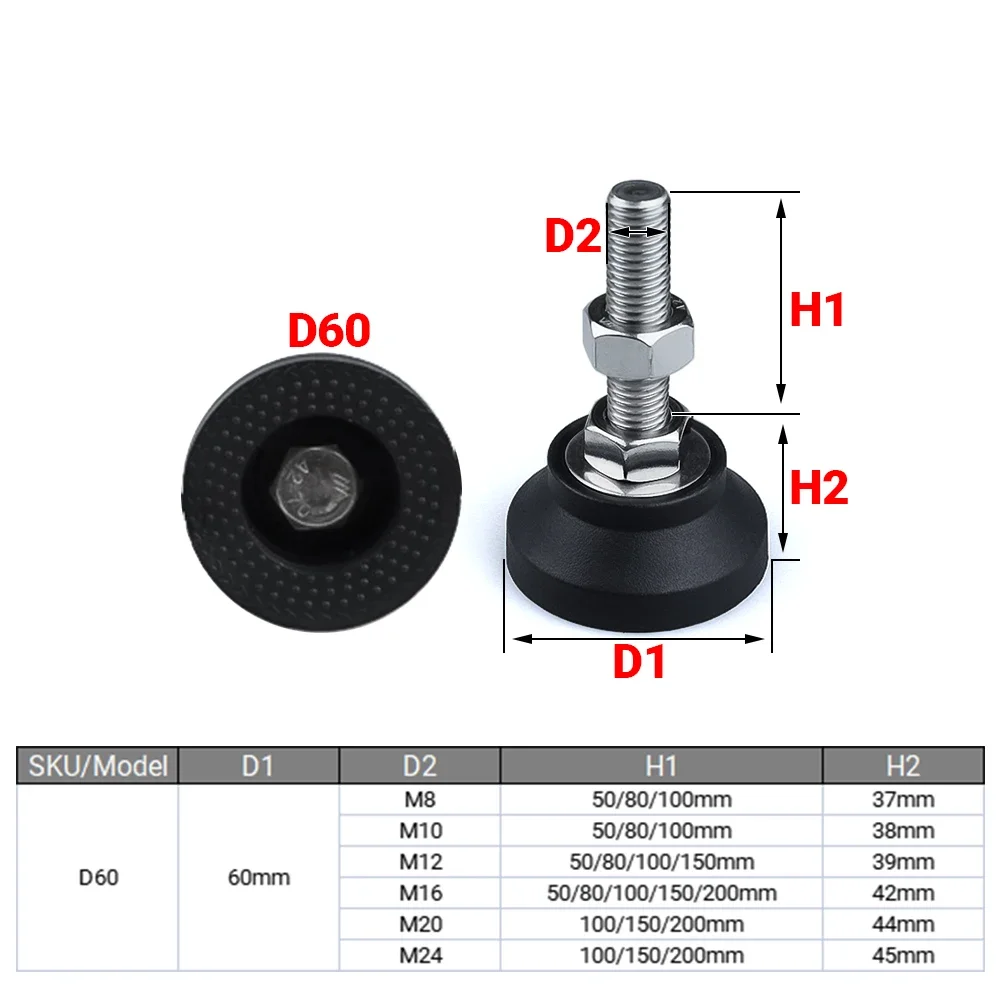 4Pcs Adjustable Lathe Leg Dia 60mm Thread Type SS304 Stainless Steel Foot Pad Levelling Feet Swivel Base Articulating Leg M8 M10