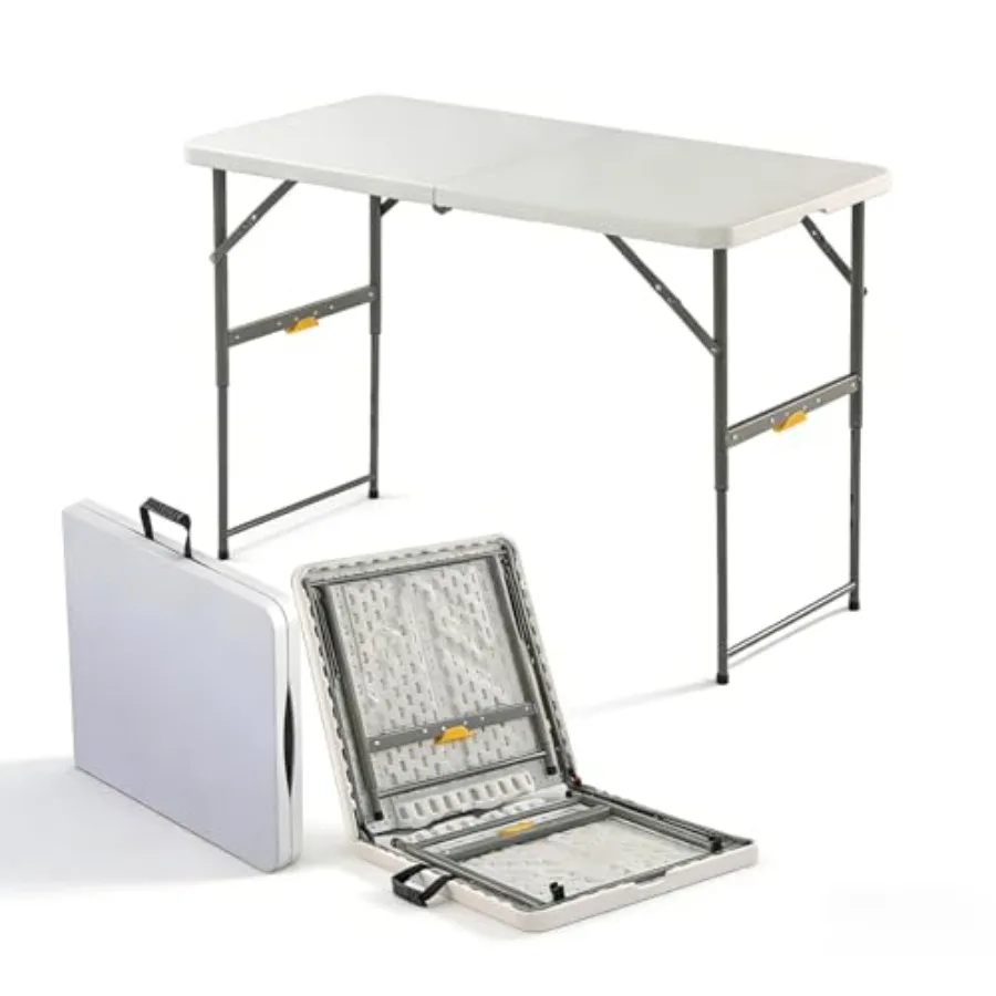 

4FT Heavy Duty Folding Table for indoor outdoor use, durable plastic material, black color, fold-in-half portability with carry