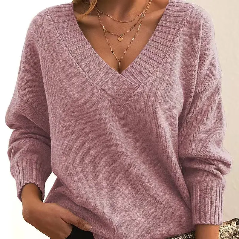 Women Clothing Sexy V Neck Jumpers Solid Long Sleeve Pullovers Knitted Sweater Solid Loose Fit 2024 Sweaters Basics Autumn