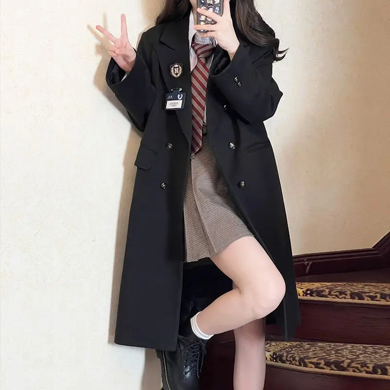 

Women's Loose Mid-calf College Style Black Jacket Female Warm Coat Long Sleeve Cropped Overcoat 2000s Vintage Outerwear