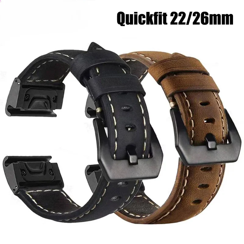 Quickfit Leather Strap 22mm 26mm for Garmin Tactix 7 AMOLED Fenix 5X Plus 6X Pro 8 7X 8X Pro Forerunner 965 955 Approach S60