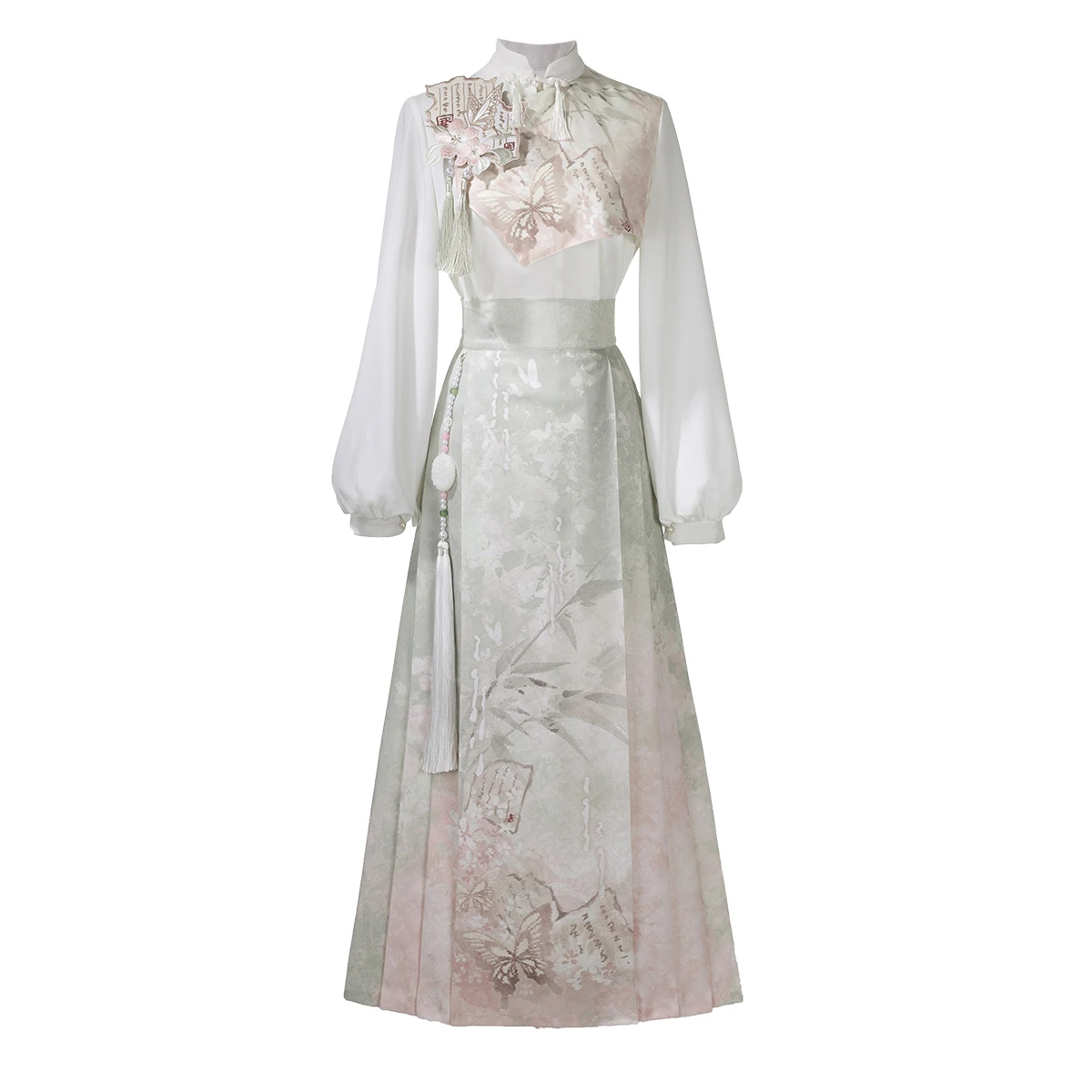 Set Atasan dan Rok Gaya Cina Baru dengan Elemen Han, Lukisan Asli Lolita Hadiah Desainer, Gaya Peri Hanfu Wanita