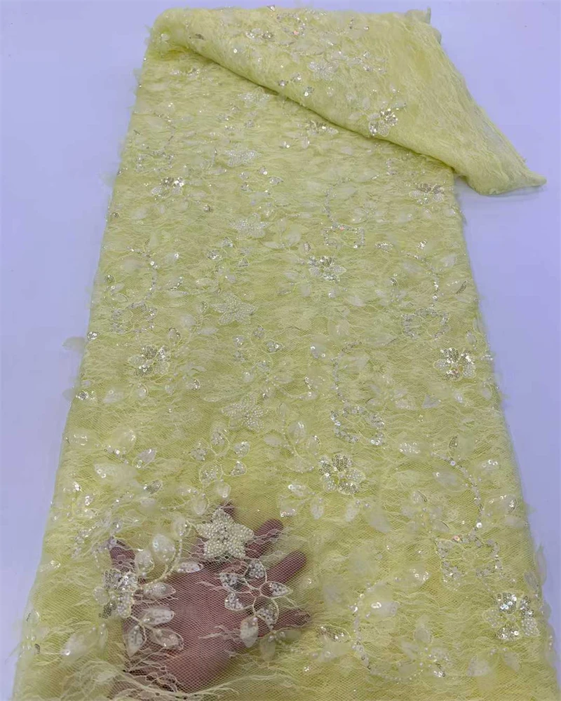 

African Lace Fabric 2025 High Quality French 3D Flower Sequins Embroidery Beads Tulle Lace Fabric For Party Dress