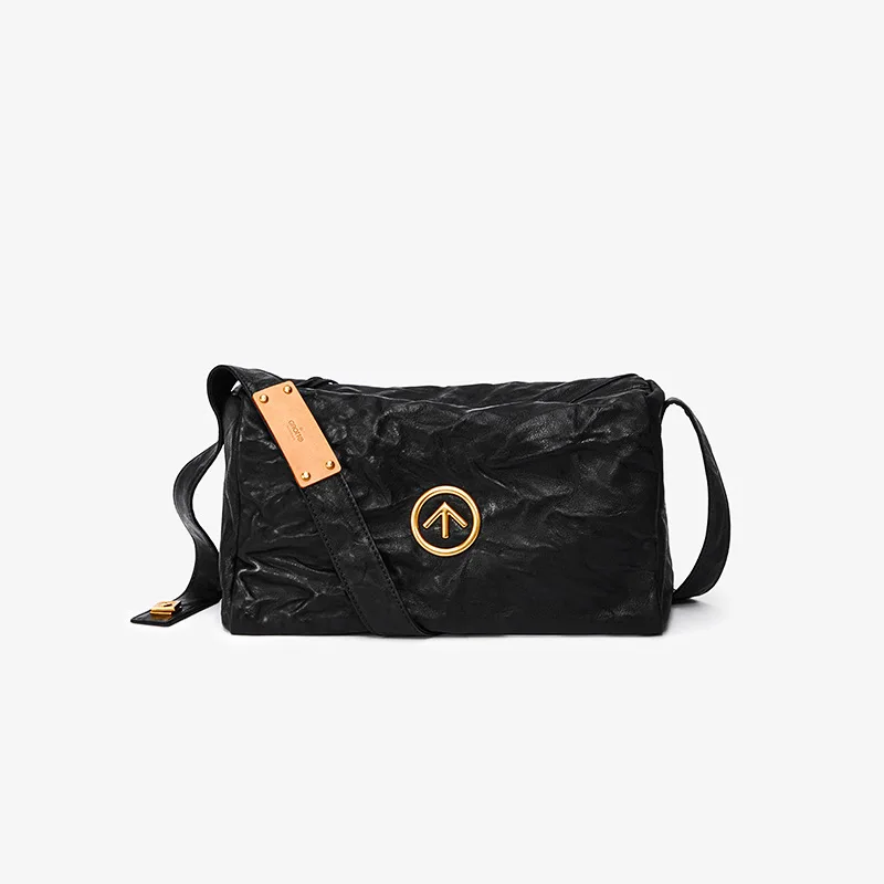 

GROTTO Black Stone Bag Classic Vegetable-Tanned Lambskin Large Capacity Single Shoulder Crossbody Soft Bag Commuter Bag