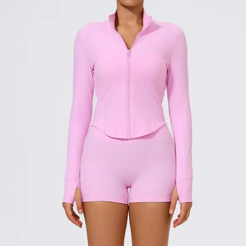 

High Waist Thermal Yoga Set with Zipper Jacket & Shorts Four-way Stretch Top for Outdoor Fitness-Tummy Control & Butt Lifting