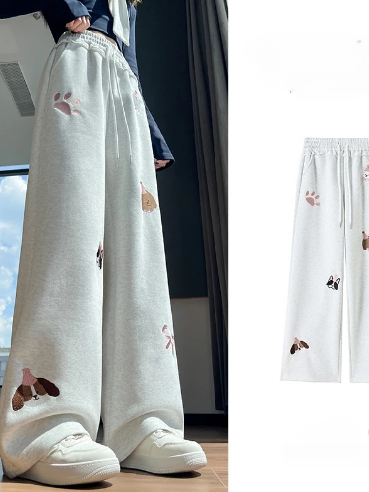 秋冬のレディースカジュアルストレートスポーツパンツ、厚手のドローストリング付き、伸縮性ウエスト、刺繍入りワイドレッグパンツ