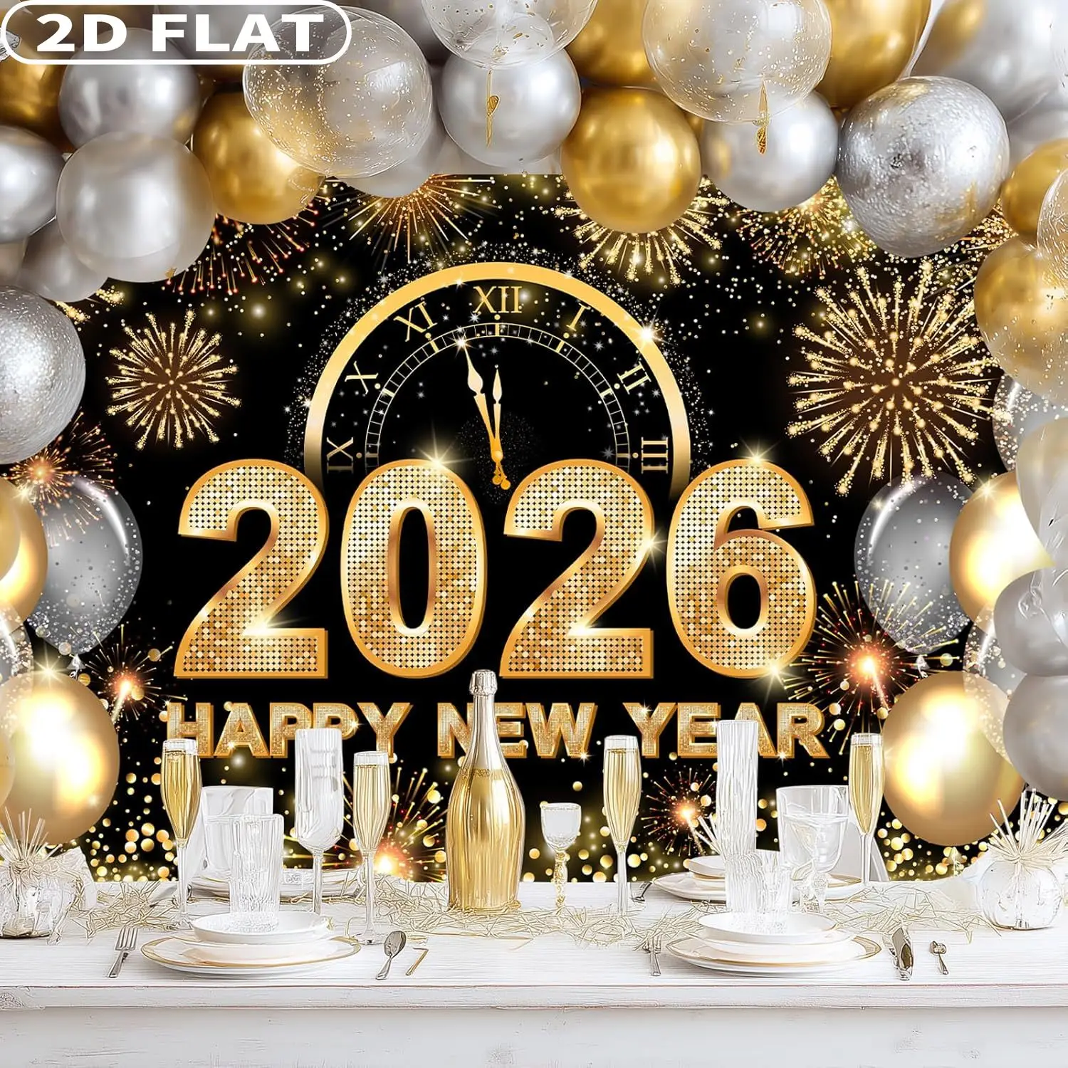 

2D FLAT 1pc Happy New Year Studio Props Backdrop Banner 2026 New Year Party Decor 70.8X43.3 Inch Black And Gold Happy New Year