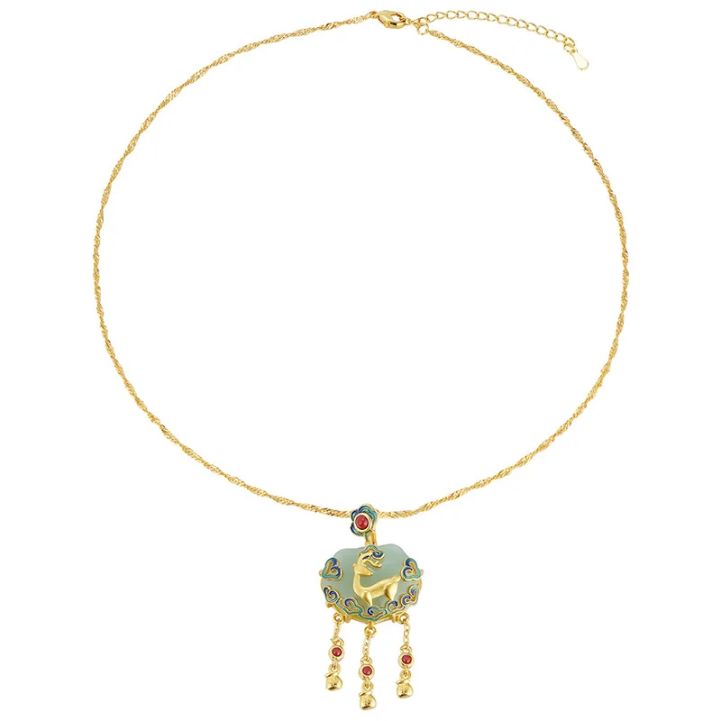 Natural Hotan Jade Green Ruyi Lock Necklace New in Chinese style Luxury Ancient Gold Craft Deer Pendant Cheongsam Jewelry Gift view 6