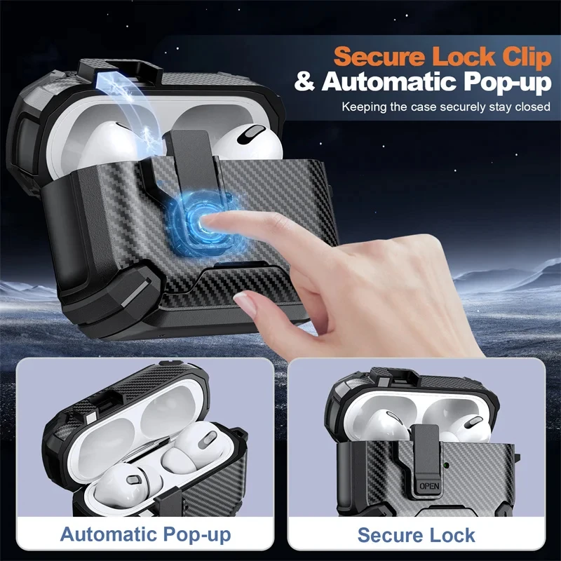 Safety Lock Carbon Fiber Phone Holder Bluetooth Headset Cover For AirPods 4 Pro 3 2 Anti Fall Protective Earphone Case With Hook - view 3