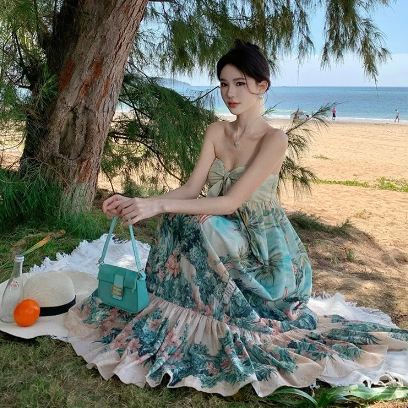 

Seaside Holiday off-Shoulder Tube Top Floral Dress Special-Interest Design Temperament Skirt