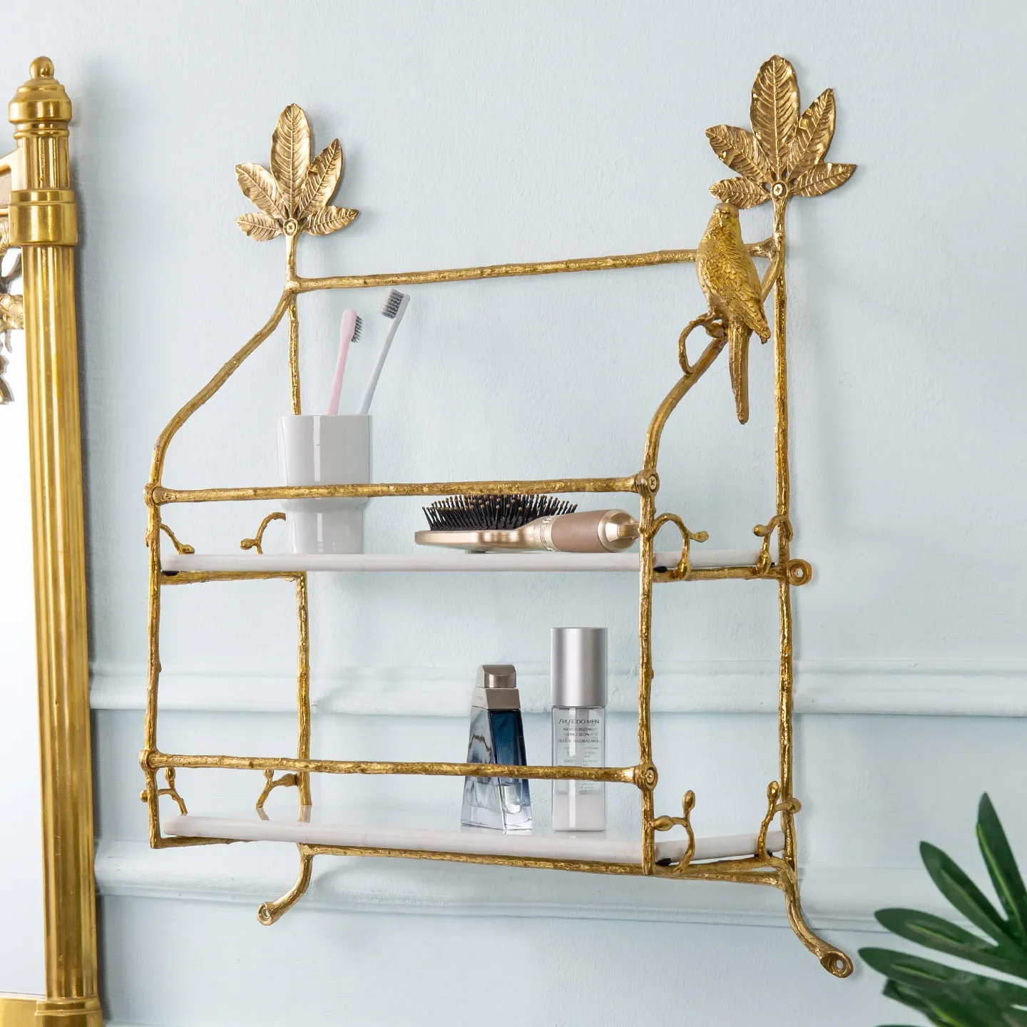Home European light luxury bathroom double-layer rack ornament brass branch bathroom towel storage