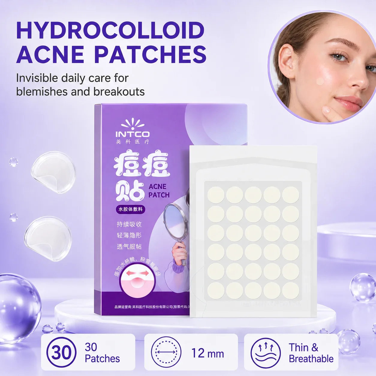 INTCO Hydrocolloid Acne Pimple Patch 36 Counts Salicylic Acid Centella Asiatica Ultra Thin Invisible Blemish Cover Sticker for F