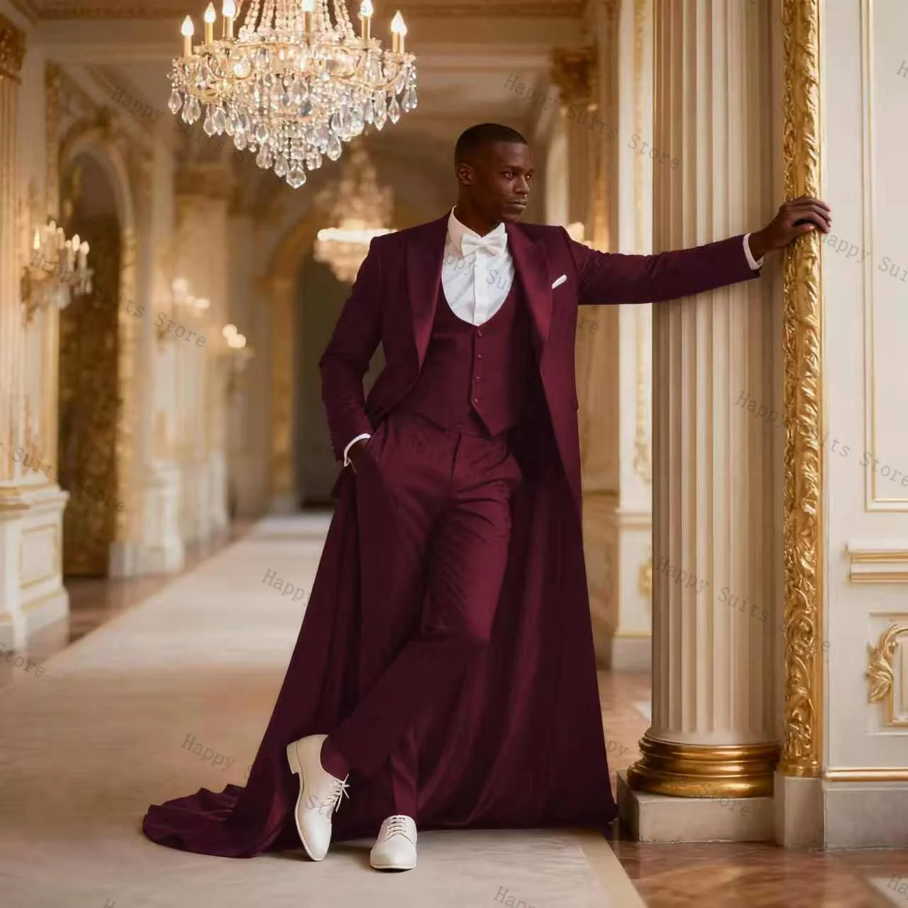 

Burgundy Men Suit Set 3 Pcs Long Blazer+Vest+Pants Trousers Formal Office Coat Cotton Groom Wedding Tuxedo Customized Jacket