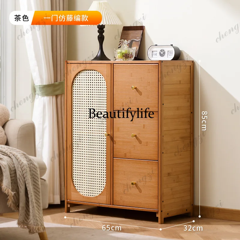 Rattan bookcase Solid wood small apartment simple entrance entrance, home door storage, balcony dining side locker