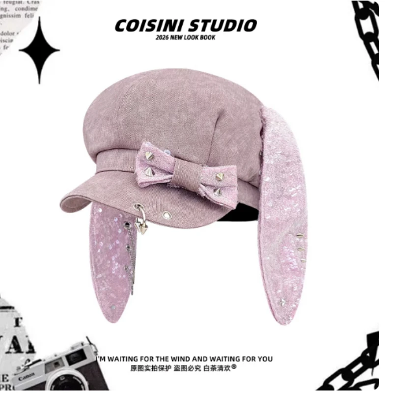 

Новая весенне-летняя женская кепка-газетчица 2026 года в стиле Y2K с пайетками, заклепками, бантом и кроличьими ушками, восьмиугольная, нишевая, индивидуальная, солнцезащитная, в стиле художника