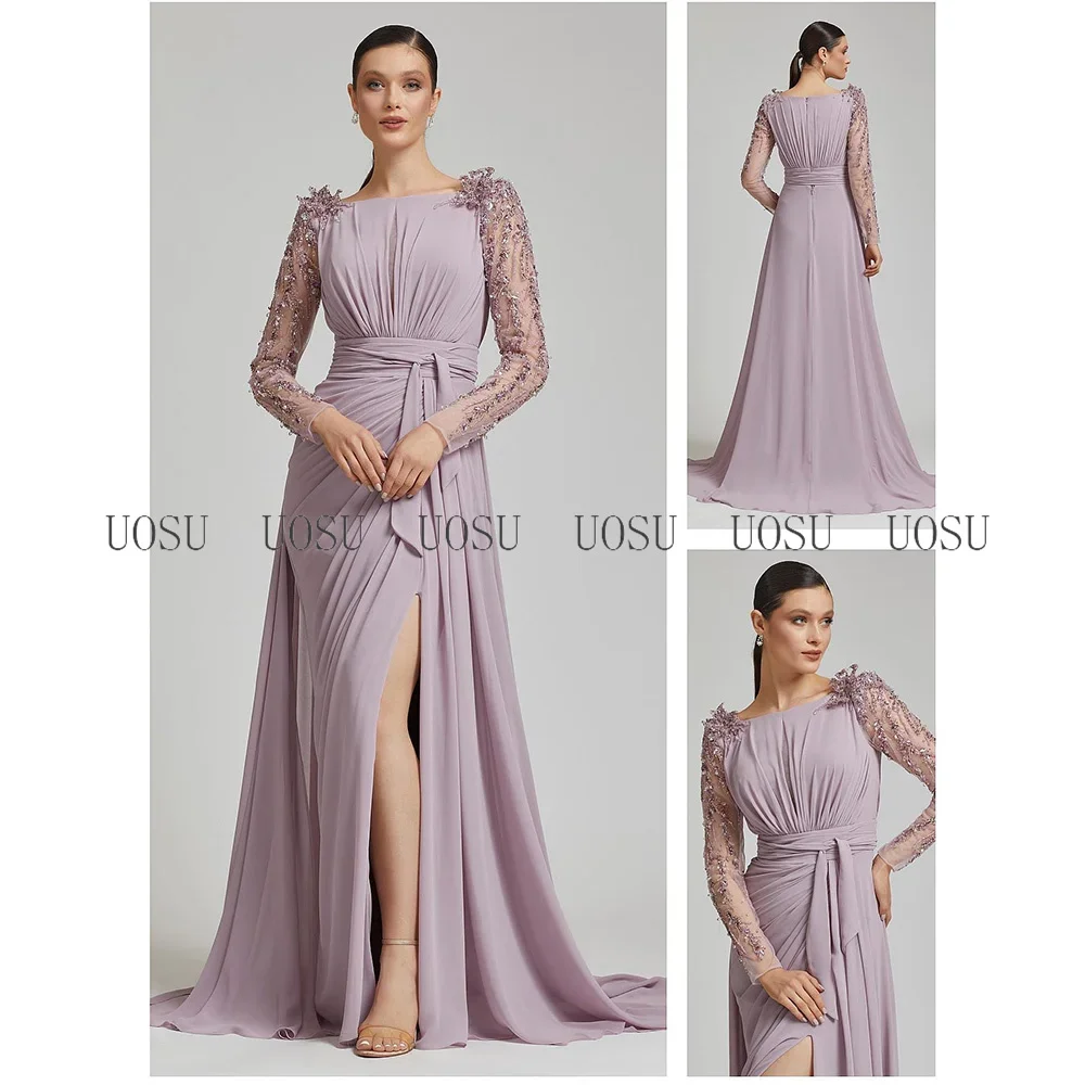 Elegant Wedding Dress Light Sky Blue Chiffon Mother of the Bride Dress Long Sleeves Beaded Split Celebrity Guest Gowns for Women