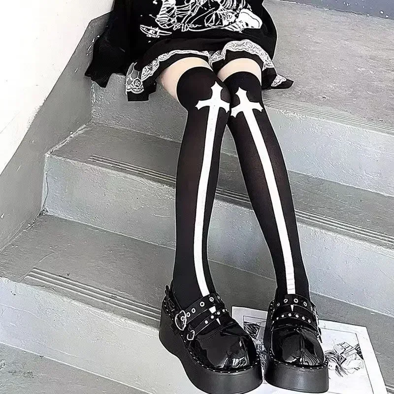 Sous-culture classique Lolita noir Goth mignon bas Halloween filles gothique Punk rétro toile d'araignée crâne chauve-souris cuisse haute chaussettes longues