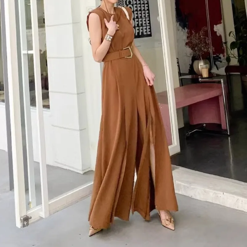 Chic Khaki Split Jumpsuits for Women with Sashes Korean Elegant Sleeveless Womens Clothing Streetwear Business Bodycon