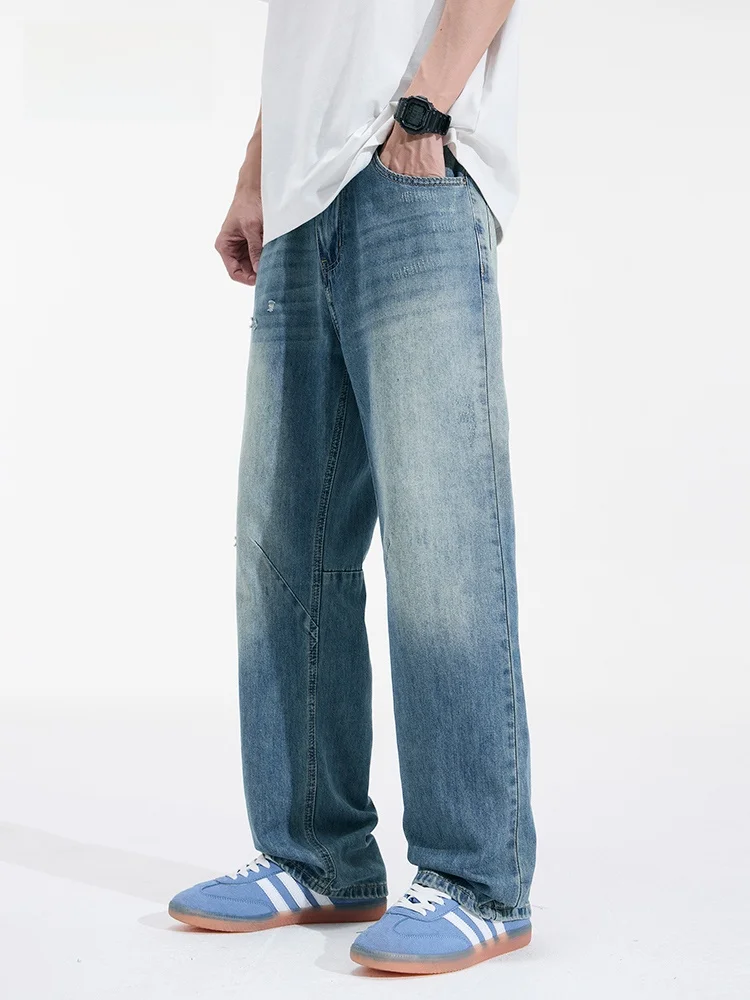 

JFU Men's Casual Waed American Sle Straight Leg Jeans Summer Loose Wide Leg Long Trousers Youth Trend Cotton Linen Blend