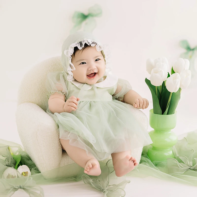 Sweet Baby Dress Lace Hat+Mesh Skirt 2pcs/Set Mesh Bow Artificial Tulips Photo Decoration Bear Pillow 100 Days Baby Shoot Props