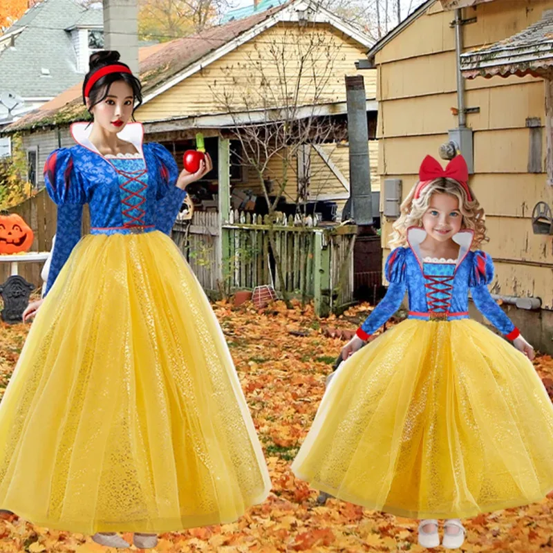 

Girls Snow White Princess Mother Kids Daughter Matching Cosplay Costume Halloween Birthday Woman Adults Plus Size Gown+Headband