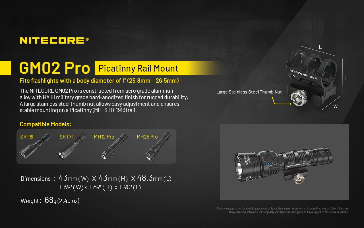 NITECORE GM02 PRO Picatinny Rail Mount Fits Flashlights with a Body Diameter of 25.8mm - 26.5mm