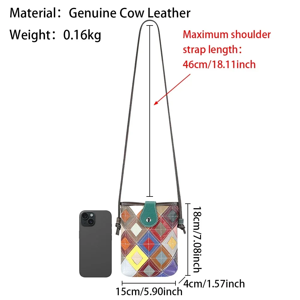 Royal Bagger Color Stitching Plaid Shoulder Bags, Genuine Leather Mobile Phone Bag for Women, Magnetic Closure 1903