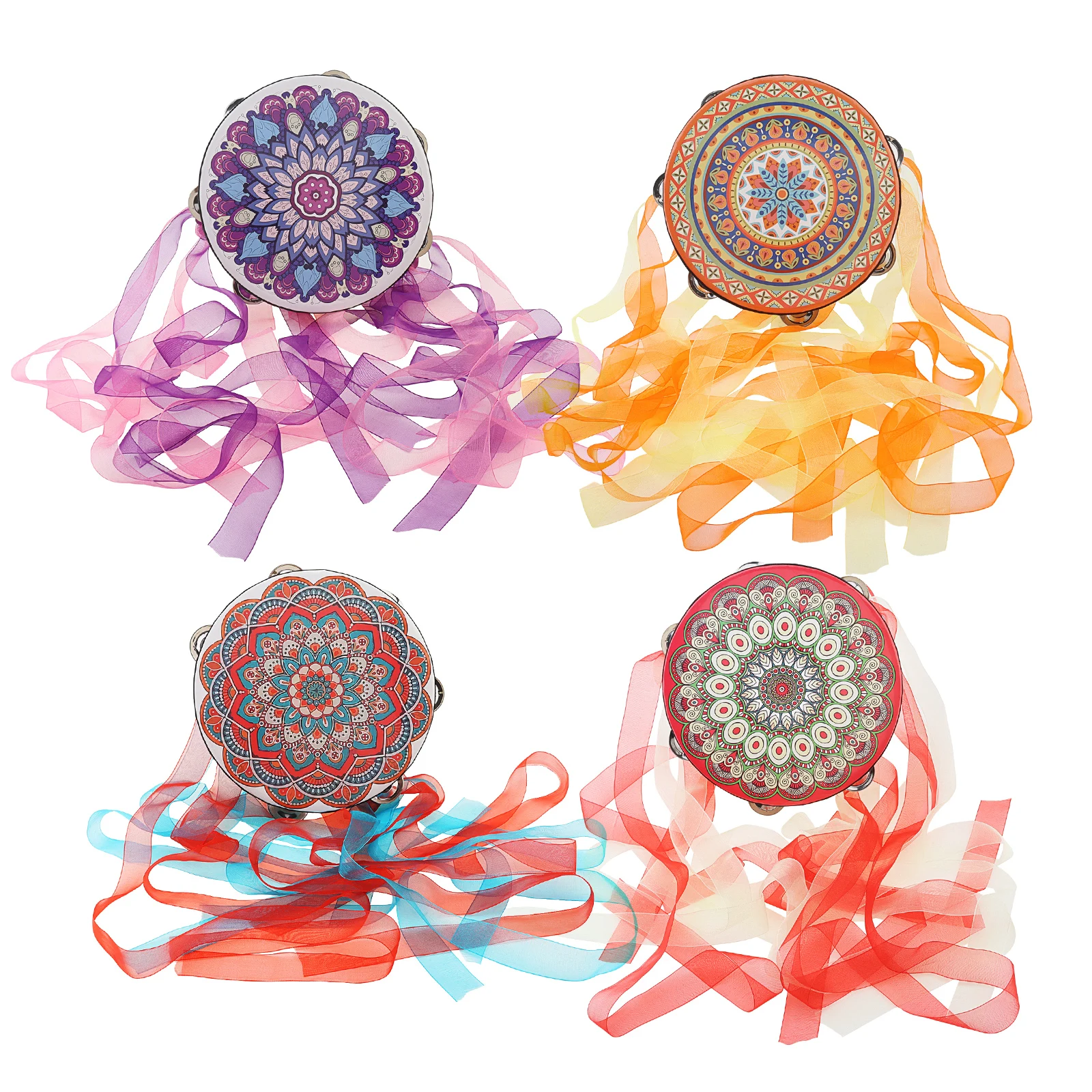 8 Inch Single Row Jingles Flowers Pattern Ribbon Tambourine for Arty Music Dance Stage Shows with Colorful Ribbons