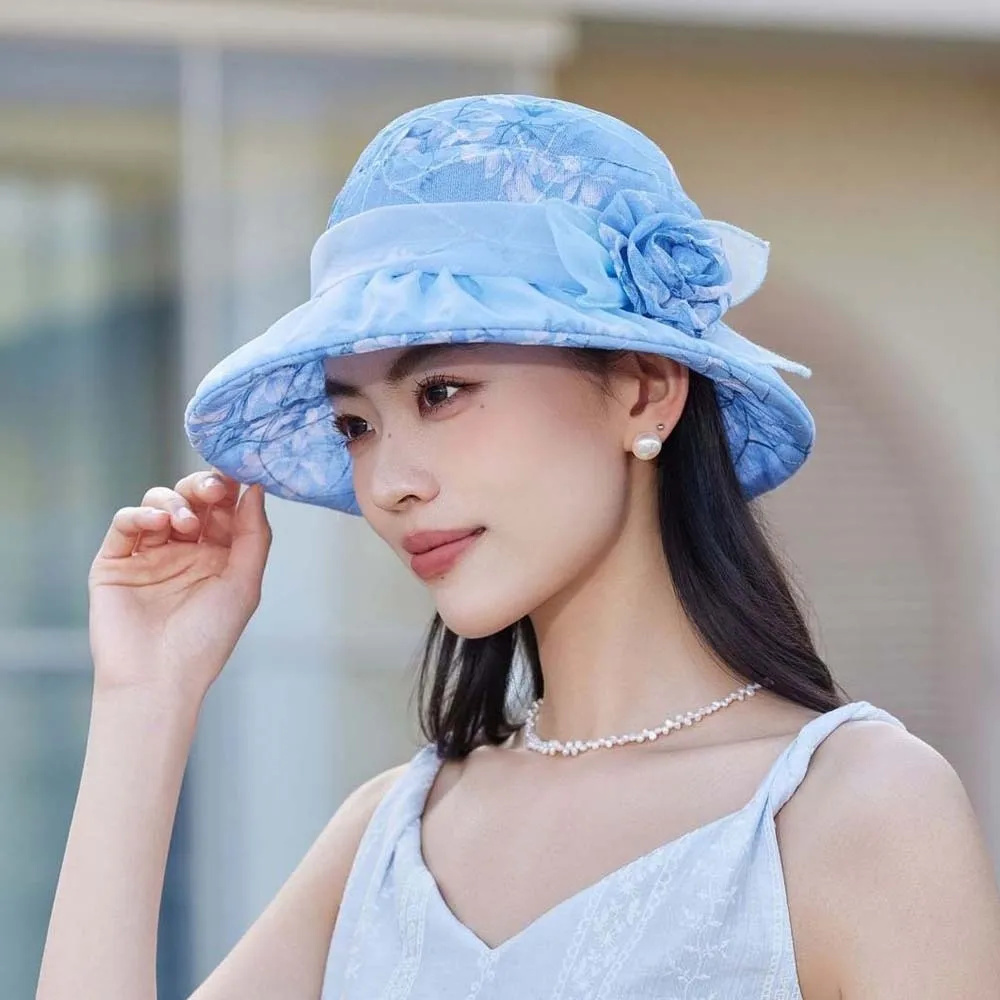 

Folding Floral Fisherman Hat Portable Polyester Thin Bow Sunshade Cap Wide-brimmed Breathable Sunscreen Basin Hat Summer
