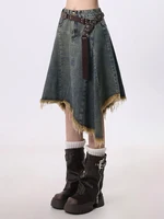 Summer Women Japanese Midi Skirt Denim Irregular Skirt A-line 2000s Abi Y2k Korean Shoujo E-girl Gyaru Tassels Skirt Cyber Punk - Image 2