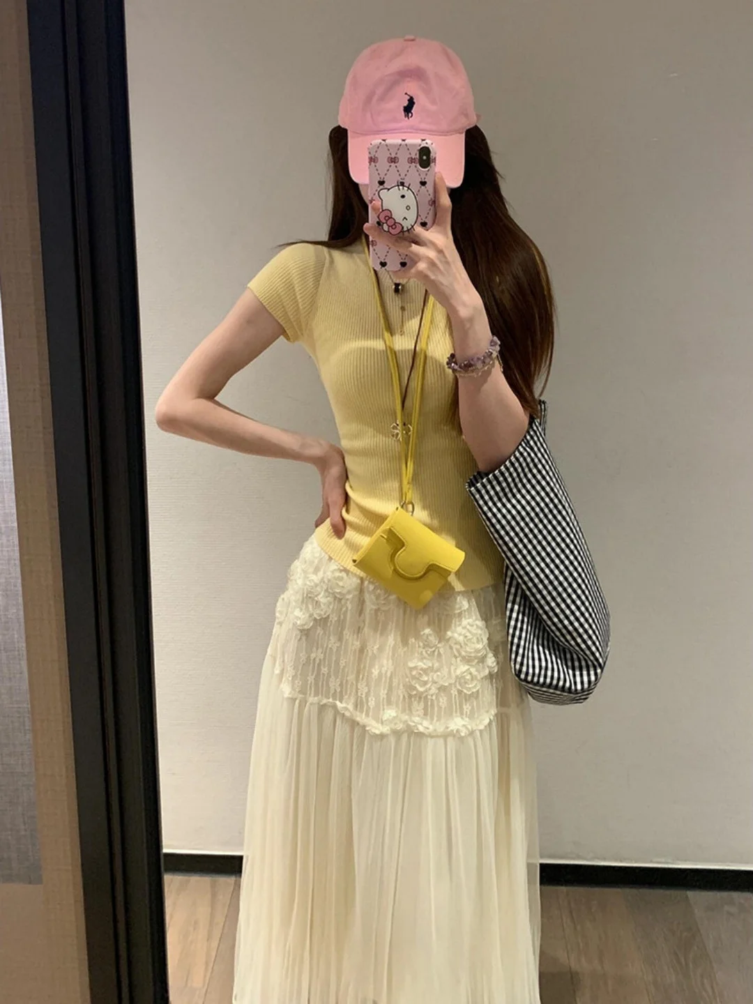 Beige A-Line Midi Skirt Women's Spring Summer Design Sense Small Heavy Work Net Skirt High Waist Lace Floral Embellished