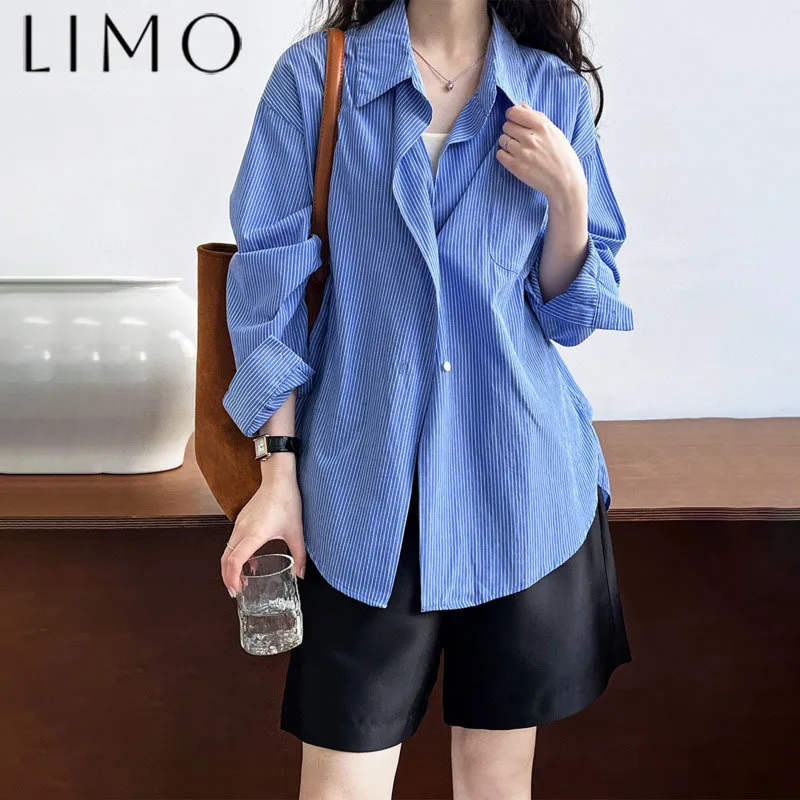 

LIMO Vintage Striped Drop Shoulder Shirt Blue White, Casual Elegant Minimalist Pocket Spring Summer 2025 Premium