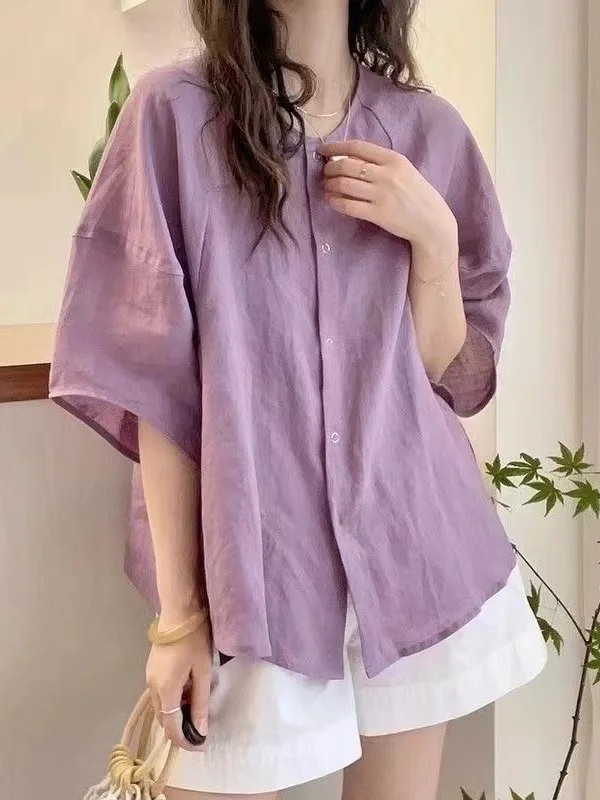 Japanese Sle Artistic Linen ort Sve irt Women's Summer Versatile Loose Casual round Ne Lightweight Cotton Linen Ca...