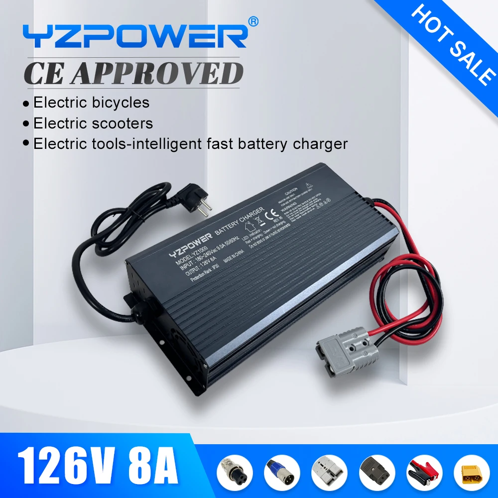 YZPOWER Fast Lithium Battery Charger for 126V 8A with Display with Fans Electric Motorcycle Ebike Charging Tool with Output Plug