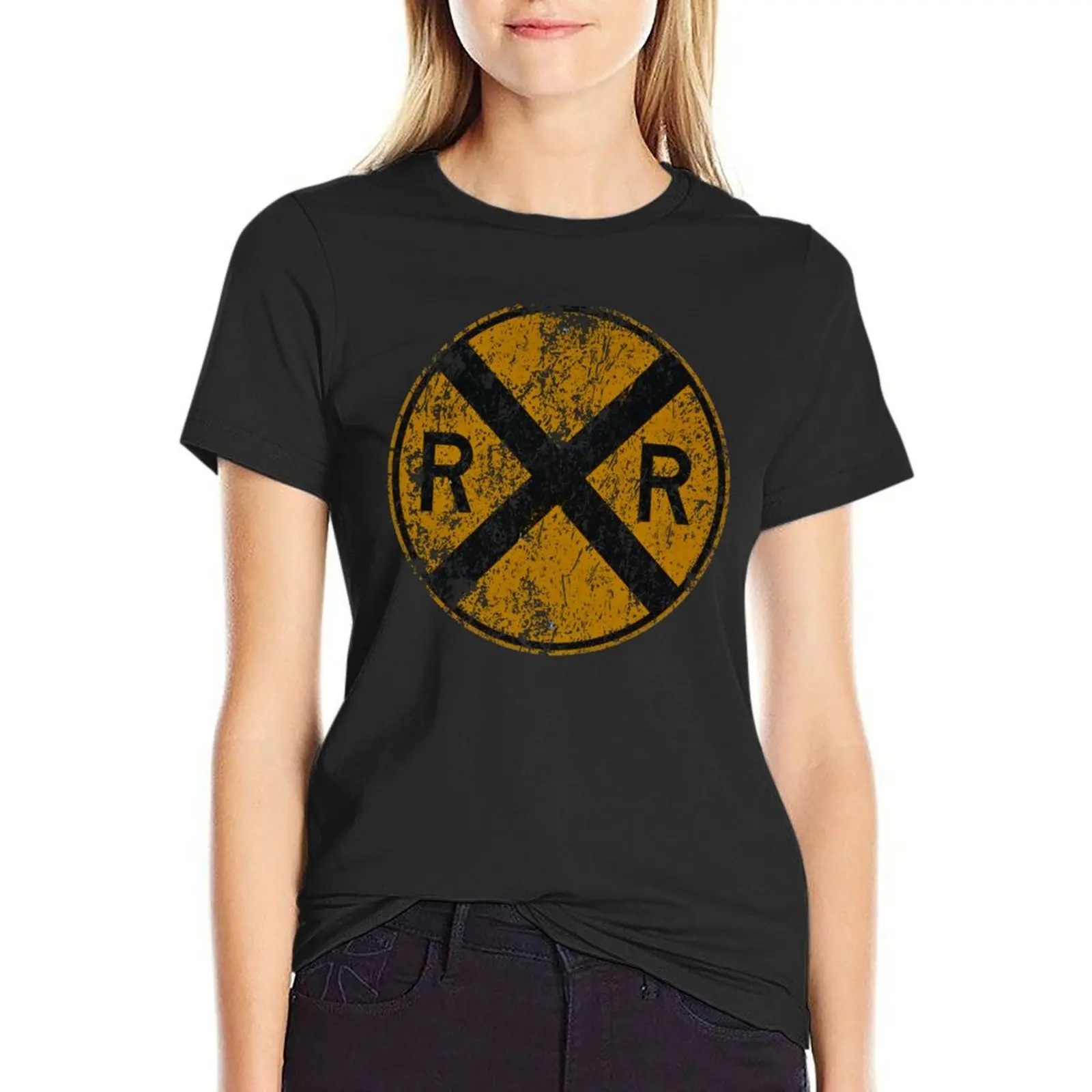 Distressed Railroad Crossing Sign Very Cool Vintage T-Shirt plain funnys animal prinfor workout t shirts for Women