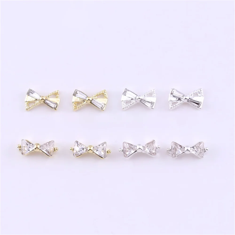 10Pcs Bowtie Nail Alloy Charms Shinny Gold Silver Bow Designer Charms Nails Luxury Rhinestones Metal 3D Manicure Crystal Diamond