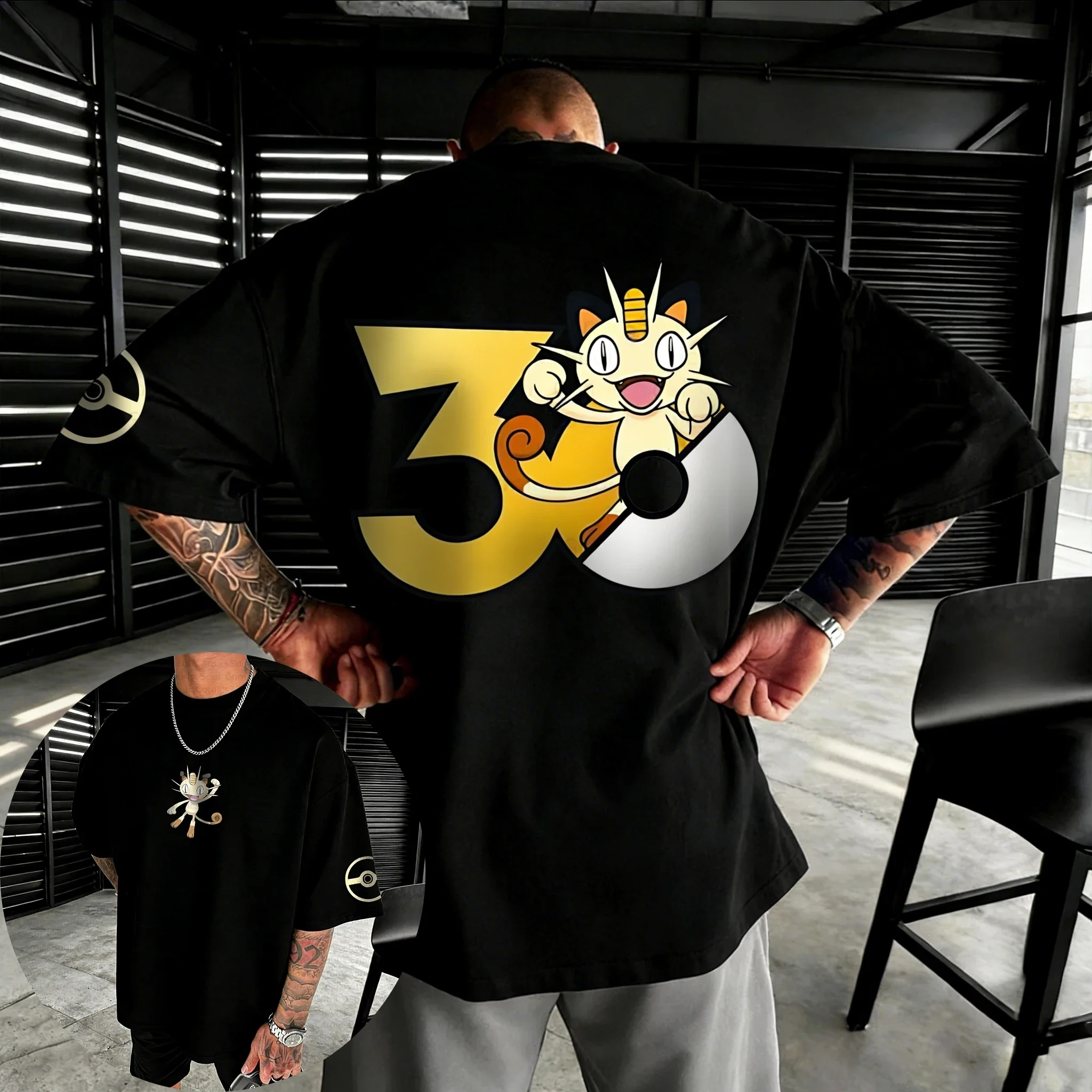 

Футболка с принтом Pokémon 30th Anniversary Meowth, новая летняя модель, свободный повседневный топ в стиле хип-хоп для мужчин и женщин, модный топ с короткими рукавами