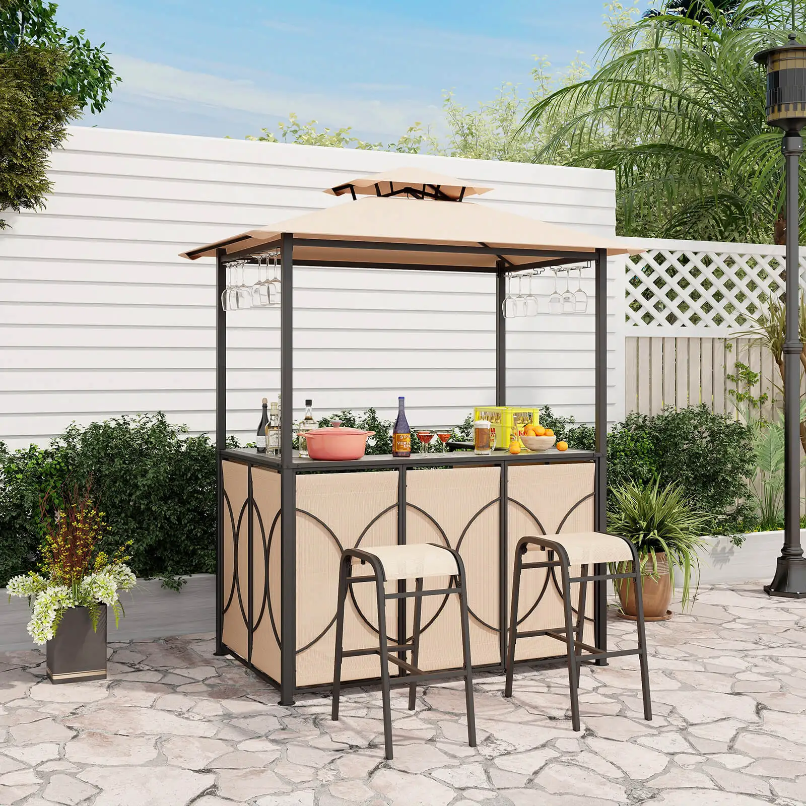 3 Stuks Patio Bar Set Met Gehard Glas Bar Tafel Metalen Opslag Planken Voor Tuin Bruin