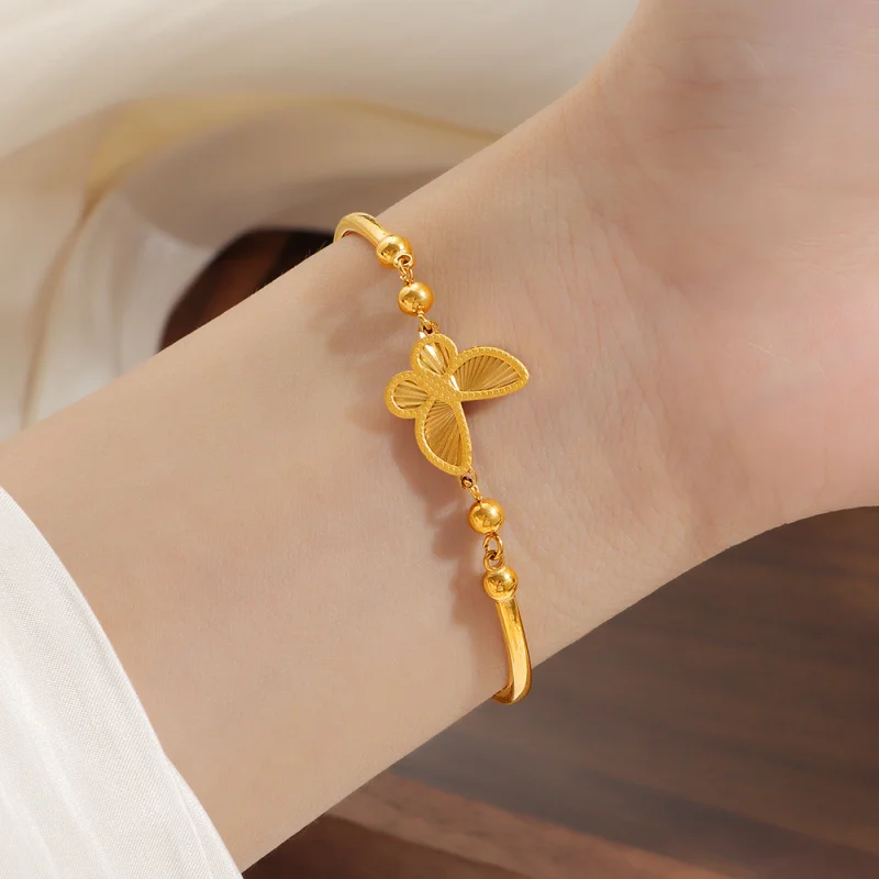 Light Luxury Curved Tube Single-Sided Butterfly Titanium Steel Bracelet Plated 18K Gold Waterproof Color Retention Women Jewelry