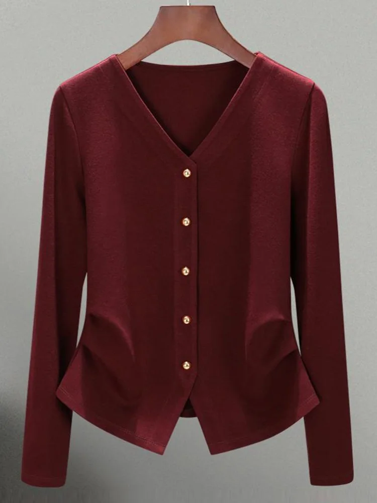 

Женская футболка с высоким содержанием хлопка Long Sve V-Ne, утягивающая талию, на одной пуговице, модная повседневная футболка