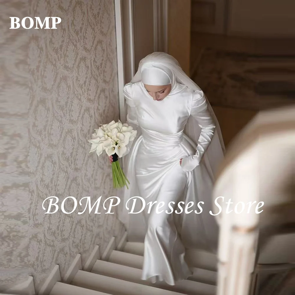 

BOMP Elegant Muslim Arabic Women Wedding Dresses Silk Satin Layering High Neck Long-Sleeve Bridal Gowns Pleats Customized