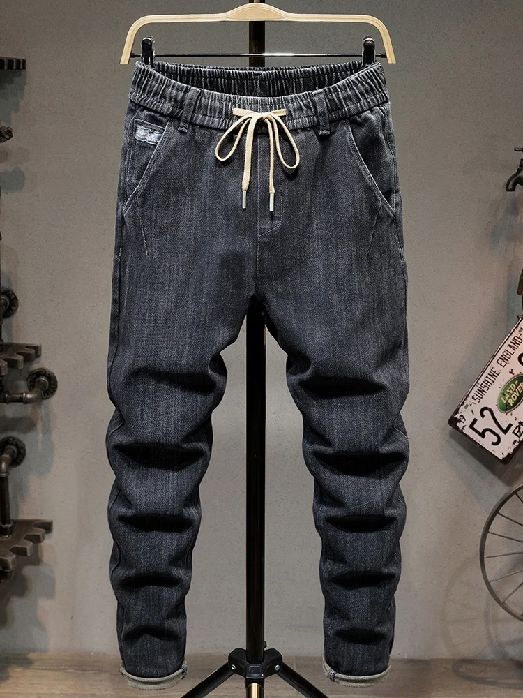 

Casual Dstring Elastic Waist Denim Jeans Men's Slim Fit Stretchy Bla Pants Faionable Urban Sle High Elastici Cotto...