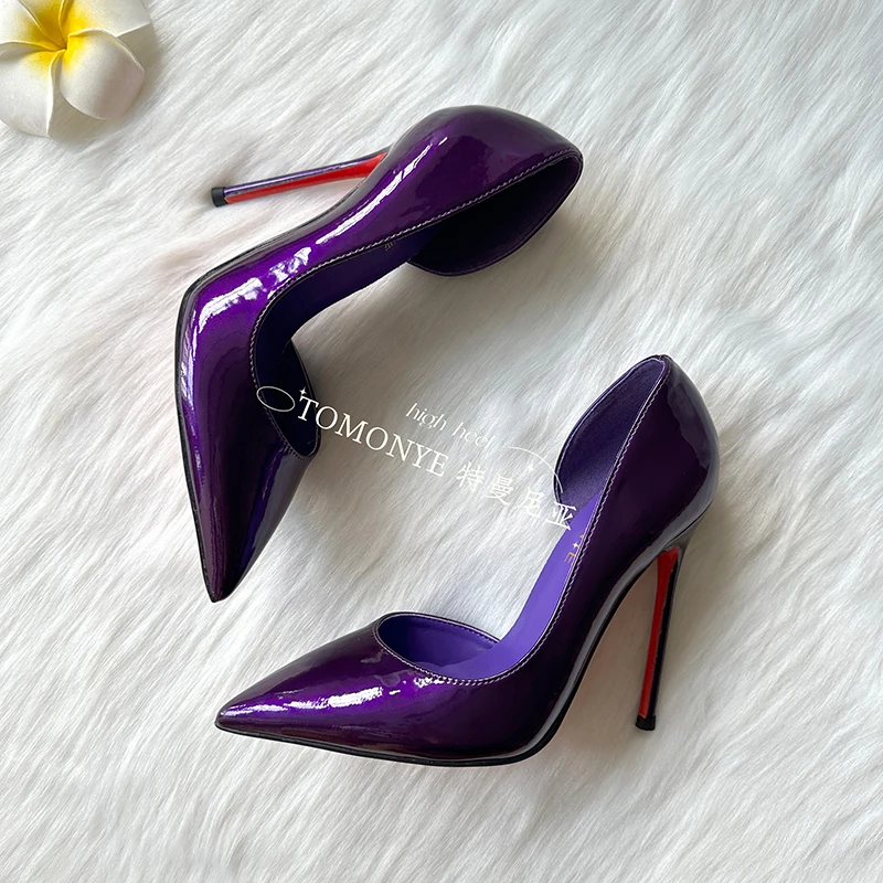 Deep purple side hollow pointed ultra-fine 12cm high heel single shoe, side hollow mirror, shallow mouth exposed toe single shoe