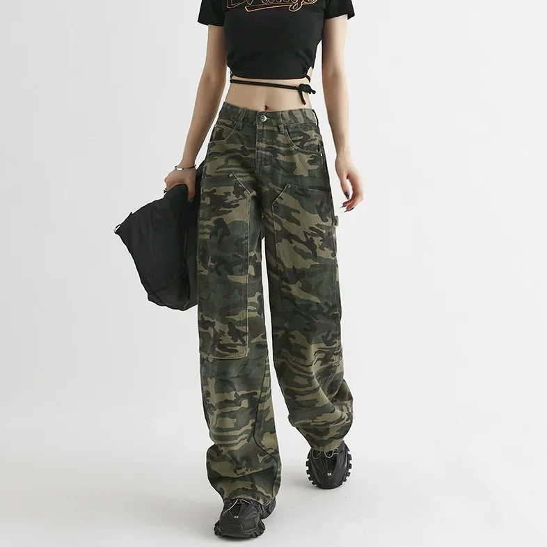 Camouflage Loose-Fit Straight-Leg Jeans Women's High-Waisted Design Sensibility Wide-Leg Trousers New Spring 2023 Student Style