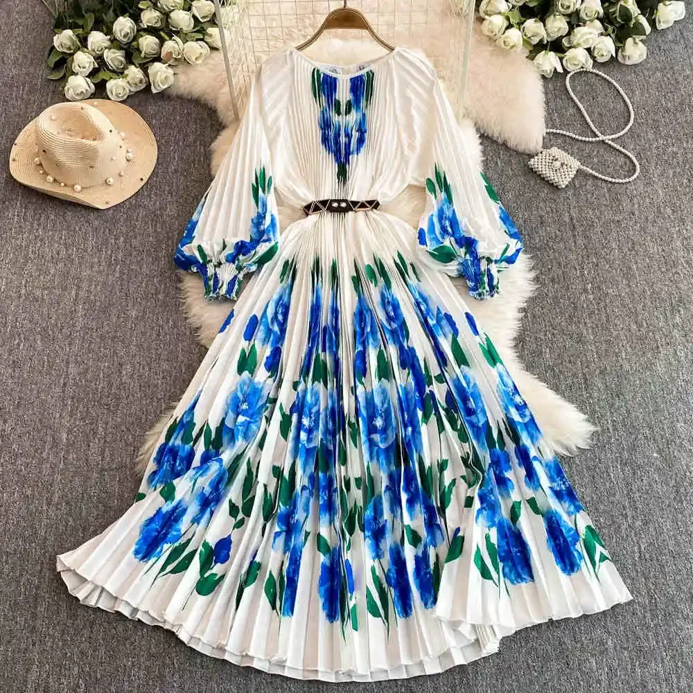 

French Retro Court Style Printed Long Sleeved Dress for Women in Autumn and Winter, Lantern Sleeves, Pleated Long Skirt A228