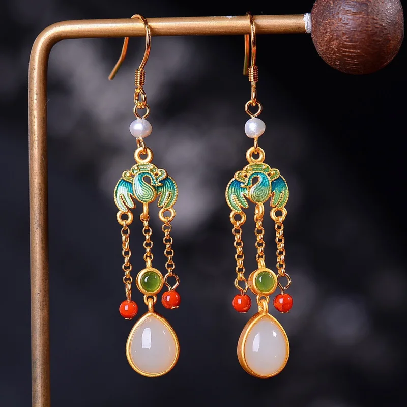 

S925 Серебряные серьги с кисточками из нефрита Hetian Женские серьги-капельки